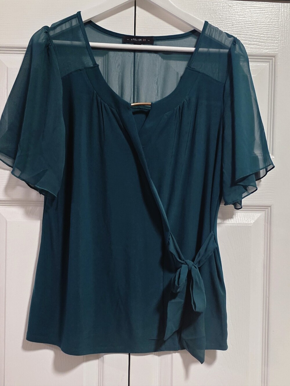 Atelier 29 Emerald Green Wrap-Style Blouse with Sheer Flutter Sleeves
